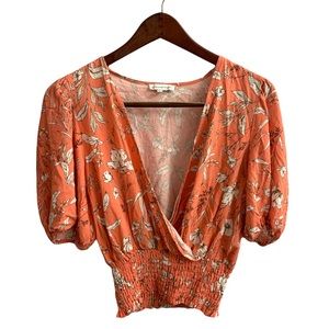 cupcakes & cashmere Coral Floral Surplice Smocked Waist Top